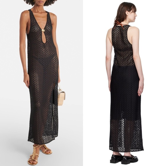 NWT GANNI Sheer Lace V-Neck Gold Butterfly Logo Clasp Sleeveless Maxi Dress L - Picture 5 of 13